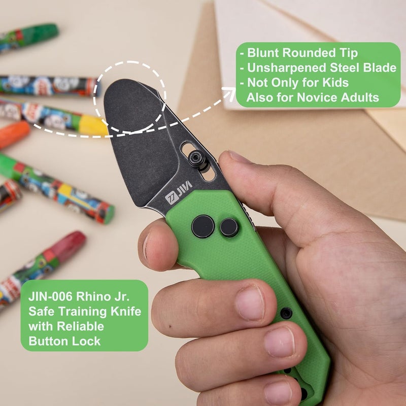 JIN Rhino Jr. Kids Pocket Knife, Fidget Toy Knife, DIY Kit, 1.97” Unsharpened Steel Blade, Safety Rounded Tip, Kids-friendly Button Lock Folding EDC, Green G10 Handle - Image 2